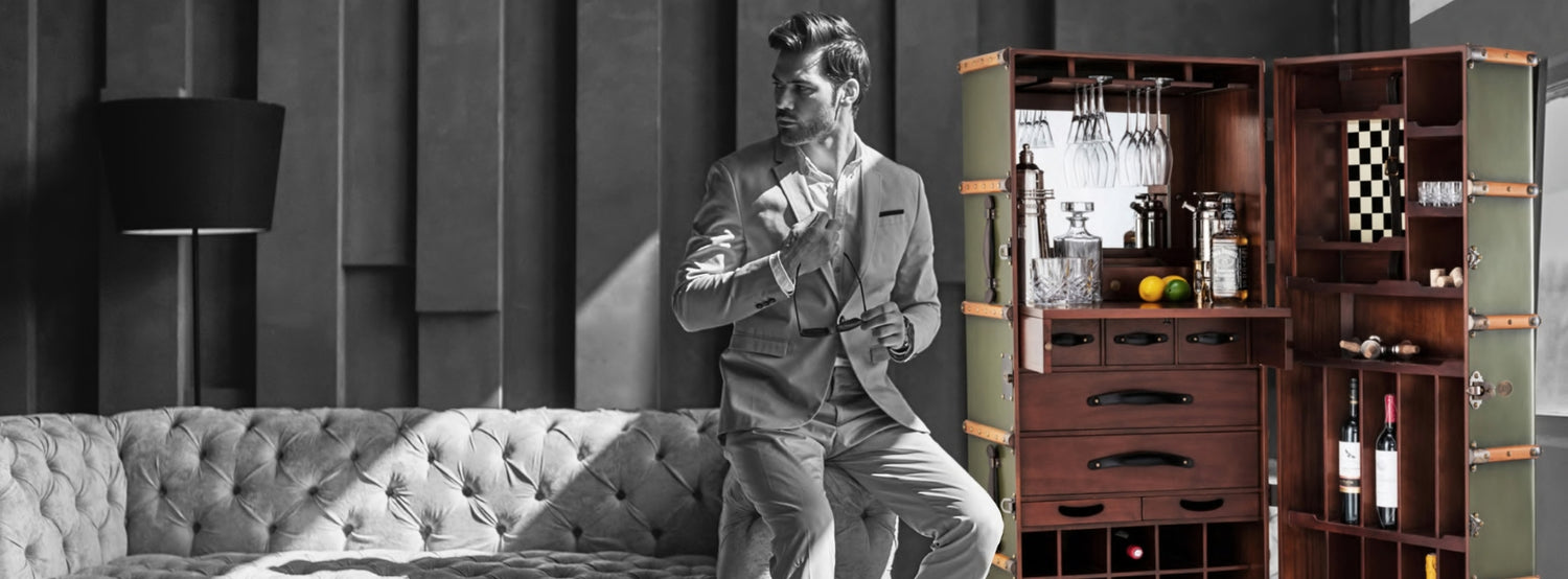 Chesterfield kanapé, férfi modellel és bárszekrény ládával.