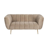 Pezsgőszínű bársonnyal kárpitozott, 2 személyes kanapé.