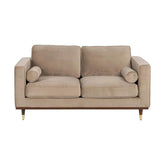 Pezsgőszínű bársonnyal kárpitozott, 2 személyes kanapé.