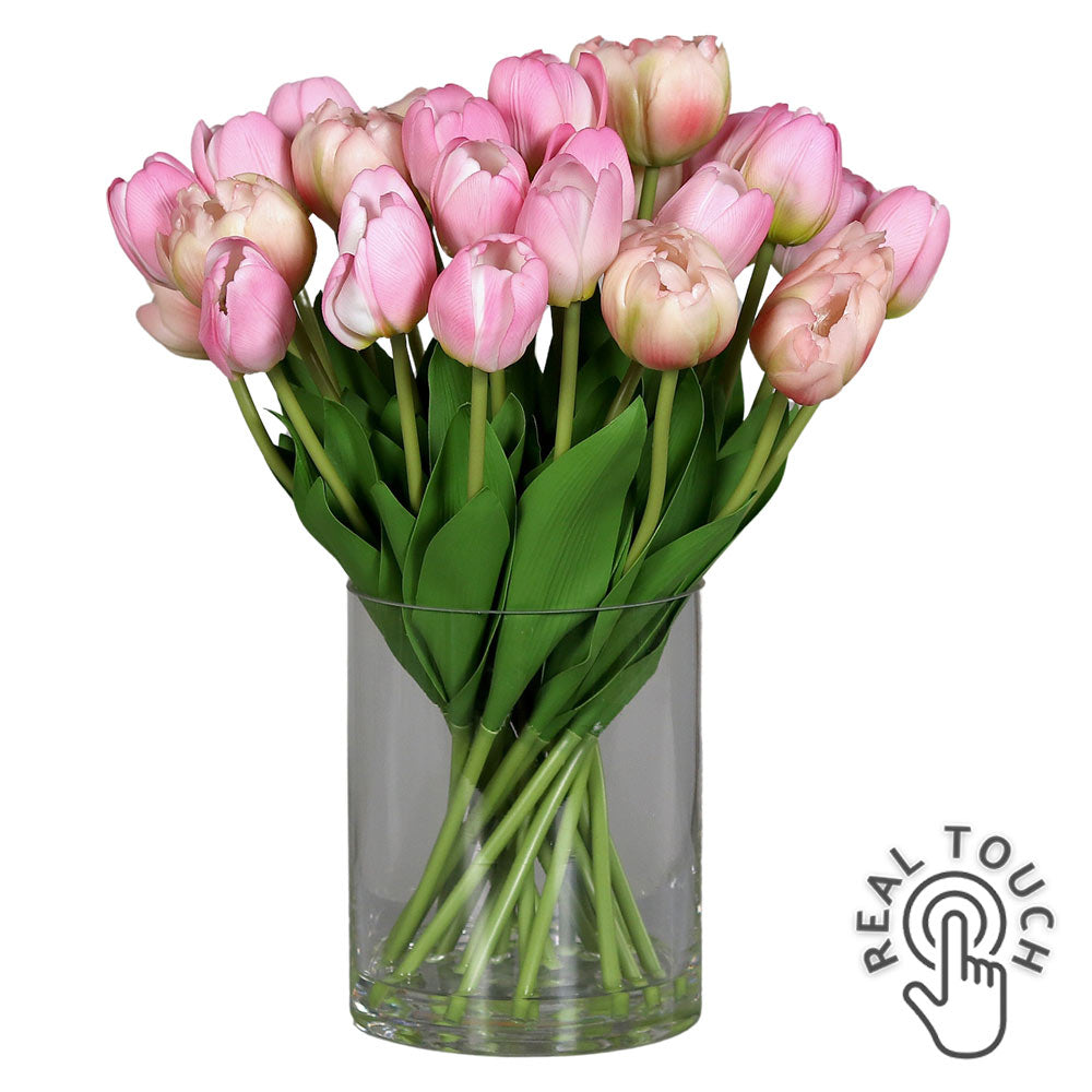 Mű tulipán csokor, henger formájú üvegvázában.