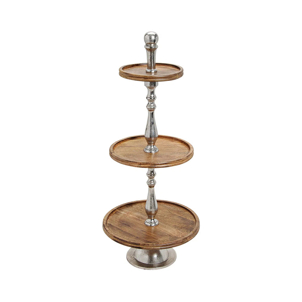 Mangófából és alumíniumból készült, 3 szintes kínálóállvány.