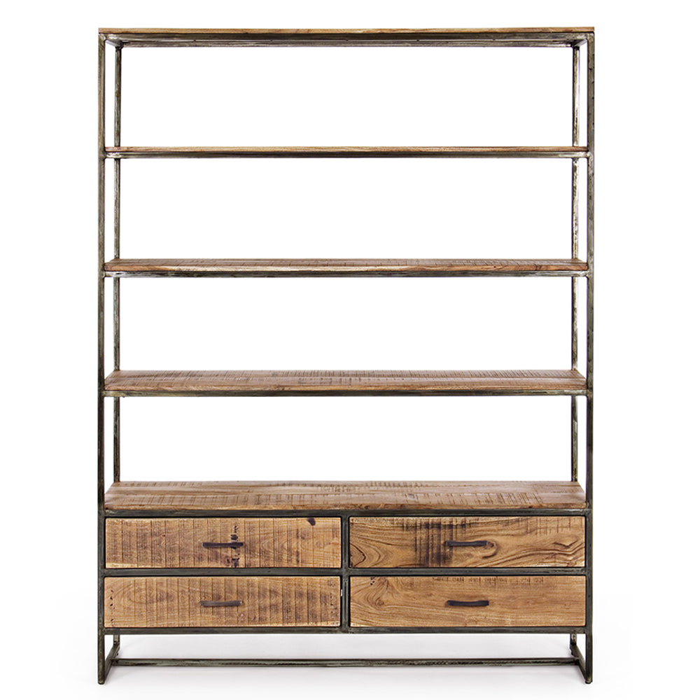 Akácfából és acélból készült könyvespolc, 4 fiókkal és 4 polccal.