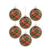 Skót kockás mintázatú, üveg karácsonyfadísz szett.