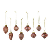 Antikolt pink színű, többféle formájú, 8 darabos karácsonyfadísz szett.