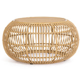 Mediterrán, natúr színű, bambuszhatású alumíniumból készült, kerti dohányzóasztal teakfa fedlappal