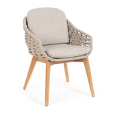 Kortárs stílusú, bézs színű, design kerti szék natúr színű teakfa lábakkal