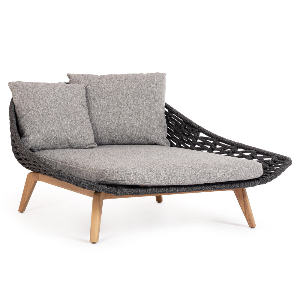 Kétszemélyes, szürke színű, design kerti pihenőágy natúr színű teakfa lábakkal