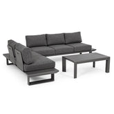 Konnor fekete L alakú kerti sarokkanapé alumínium vázzal és dohányzóasztallal