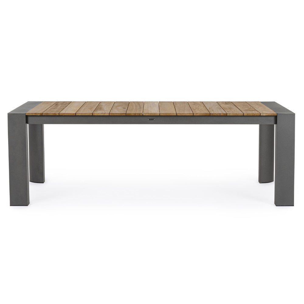 Bővíthető, sötétszürke színű alumínium étkezőasztal natúr színű teakfa fedlappal.