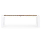 Óriás méretű, bővíthető, fehér színű alumínium étkezőasztal natúr színű teakfa fedlappal.