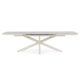 Kortárs, bézs színű, alumíniumvázzal rendelkező, bővíthető kültéri asztal.