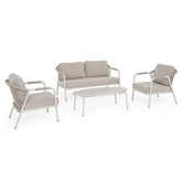 Miravet bézs színű kültéri ülőgarnitúra kanapéval, fotelekkel és kőlapos dohányzóasztallal