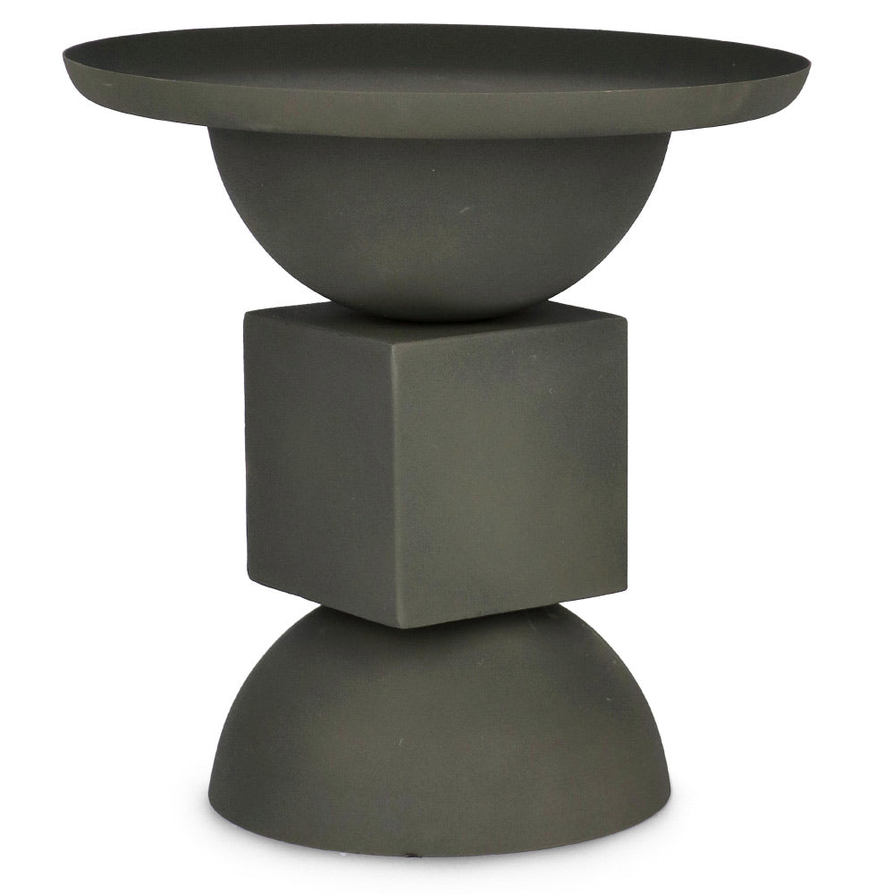 Kortárs stílusú, 40,5 cm átmérőjű, matt szürkészöld színű, fém kisasztal