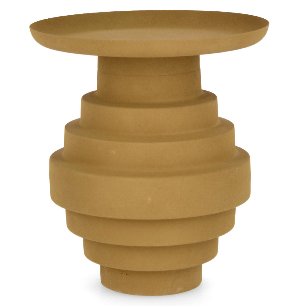 Kortárs stílusú, 35,5 cm átmérőjű, matt mustársárga színű, fém kisasztal