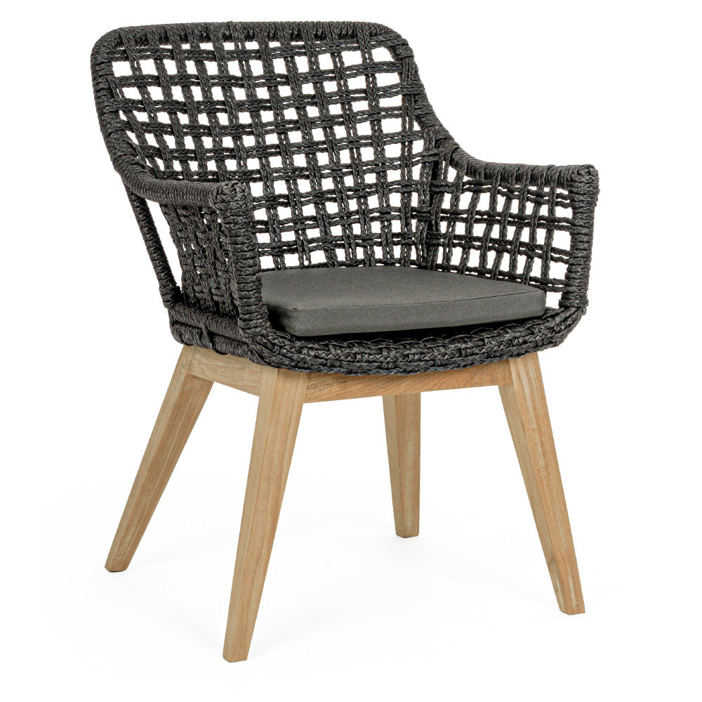 Kortárs stílusú, alumínium vázas, fekete színű kerti szék rostfonatokkal és natúr színű teakfa lábakkal