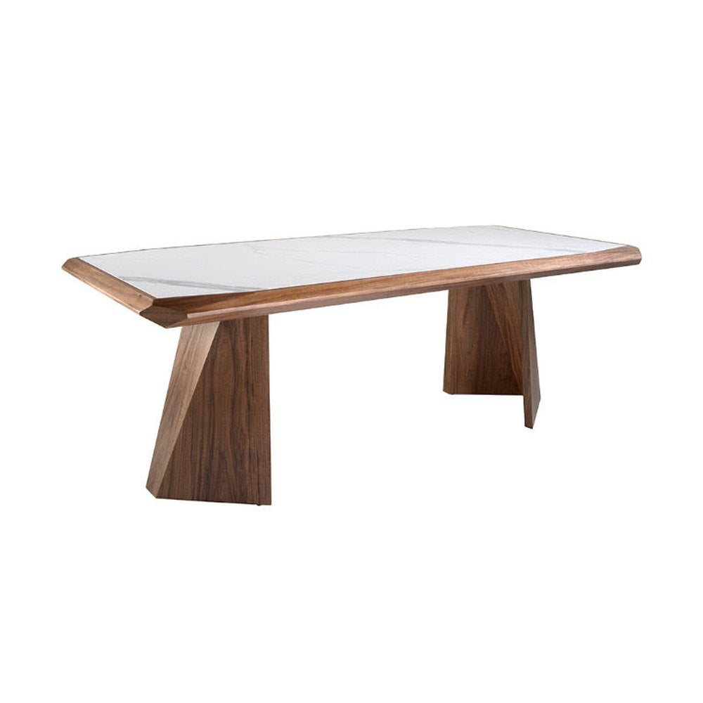 Kortárs stílusú, nagyméretű, diófa furnérral borított, dizájn étkezőasztal porcelán betéttel.