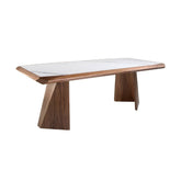 Kortárs stílusú, nagyméretű, diófa furnérral borított, dizájn étkezőasztal porcelán betéttel.