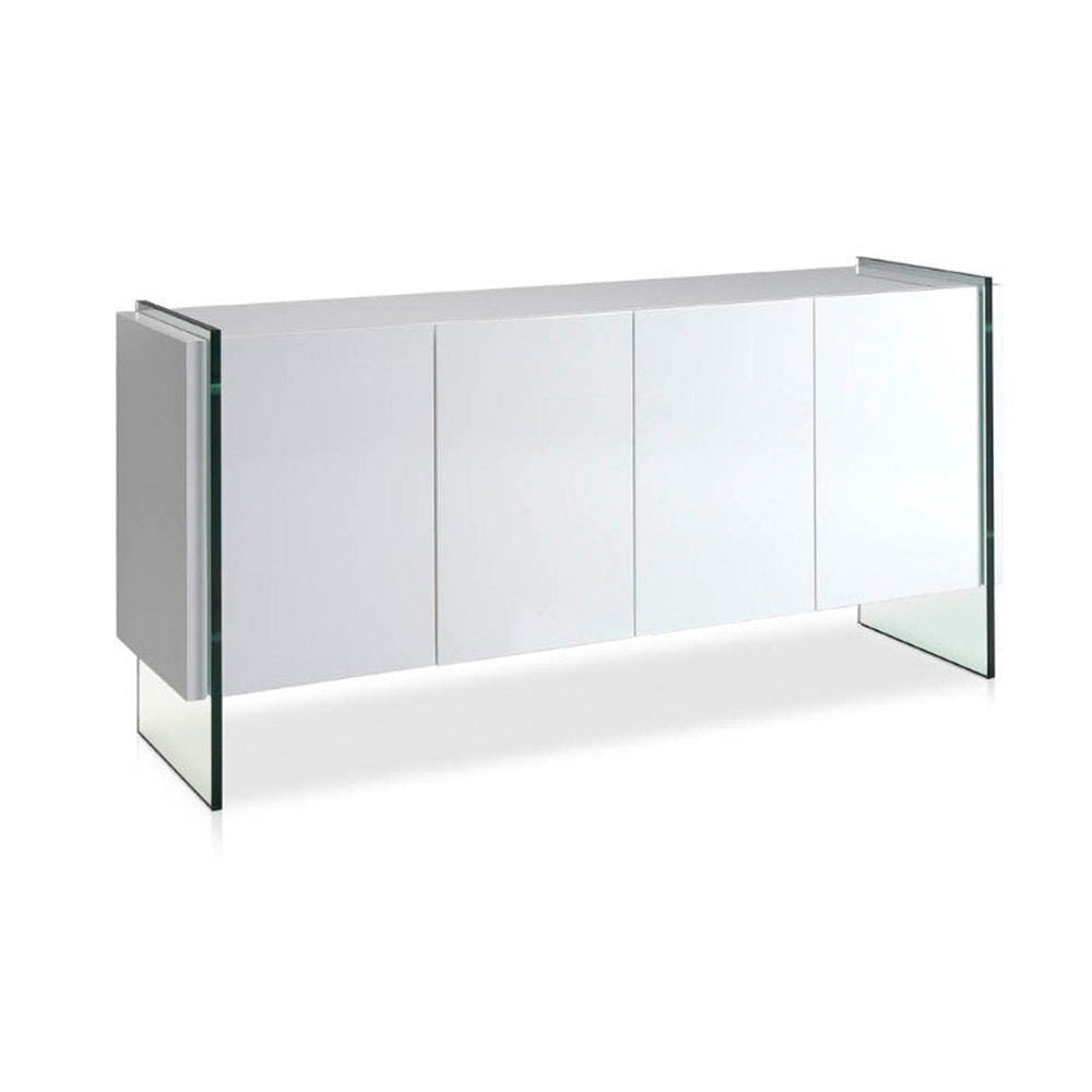 Kortárs stílusú, magasfényű, fehér színű lakkal festett, dizájn komódszekrény edzett üveg lábakkal.