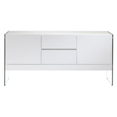 Kortárs stílusú, magasfényű, fehér színű lakkal festett, dizájn komódszekrény edzett üveg lábakkal.