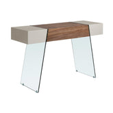 Kortárs stílusú, diófa furnérral borított, dizájn konzolasztal edzett üveg lábakkal.