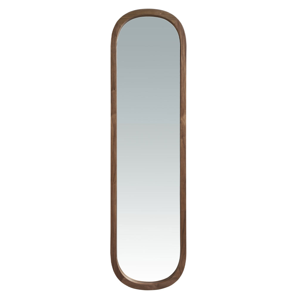 Kortárs stílusú, diófa furnérral borított kerettel rendelkező, dizájn falitükör.