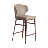 Kortárs stílusú, bézs műbőrrel kárpitozott, matt bronzszínű fémvázas dizájn bárszék.