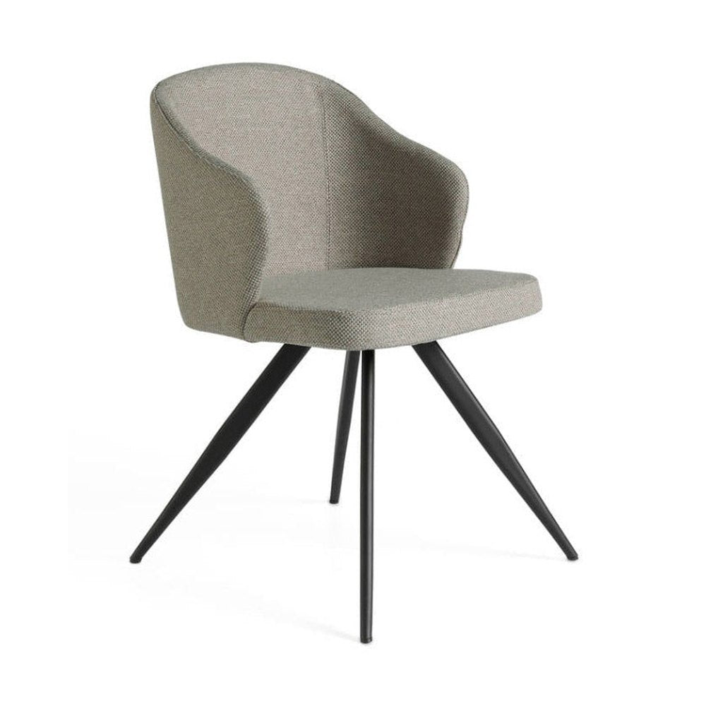 Kortárs stílusú, szürke színű szövettel kárpitozott, acél szerkezetű étkezőszék.