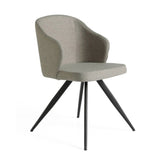 Kortárs stílusú, szürke színű szövettel kárpitozott, acél szerkezetű étkezőszék.