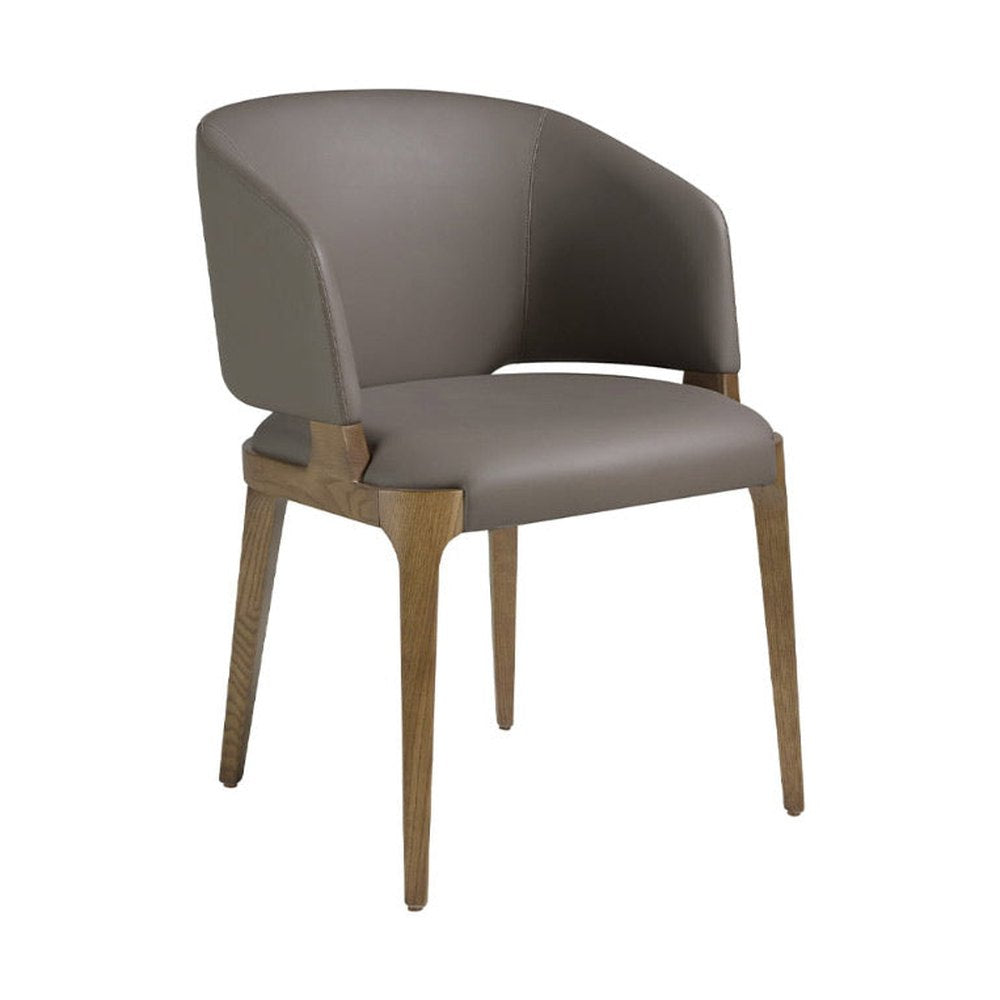 Szürkésbarna műbőrrel kárpitozott, kőrisfából készült, formatervezett dizájn étkezőszék.