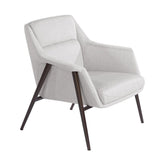 Kortárs stílusú, törtfehér színű szövettel kárpitozott, acél szerkezetű fotel.