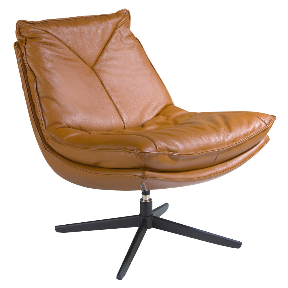 Kortárs stílusú,barna bőrrel kárpitozott, forgatható, dizájn pihenőfotel fekete színű acéllábakkal.