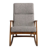 Kortárs stílusú, szürke színű szövettel kárpitozott hintaszék.