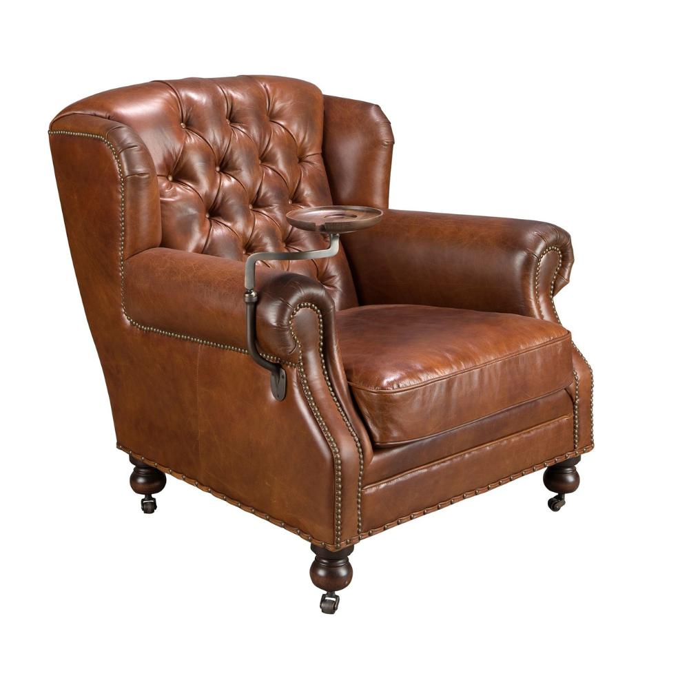 Konyakbarna Chesterfield bőrfotel kihajtható fa tálcával