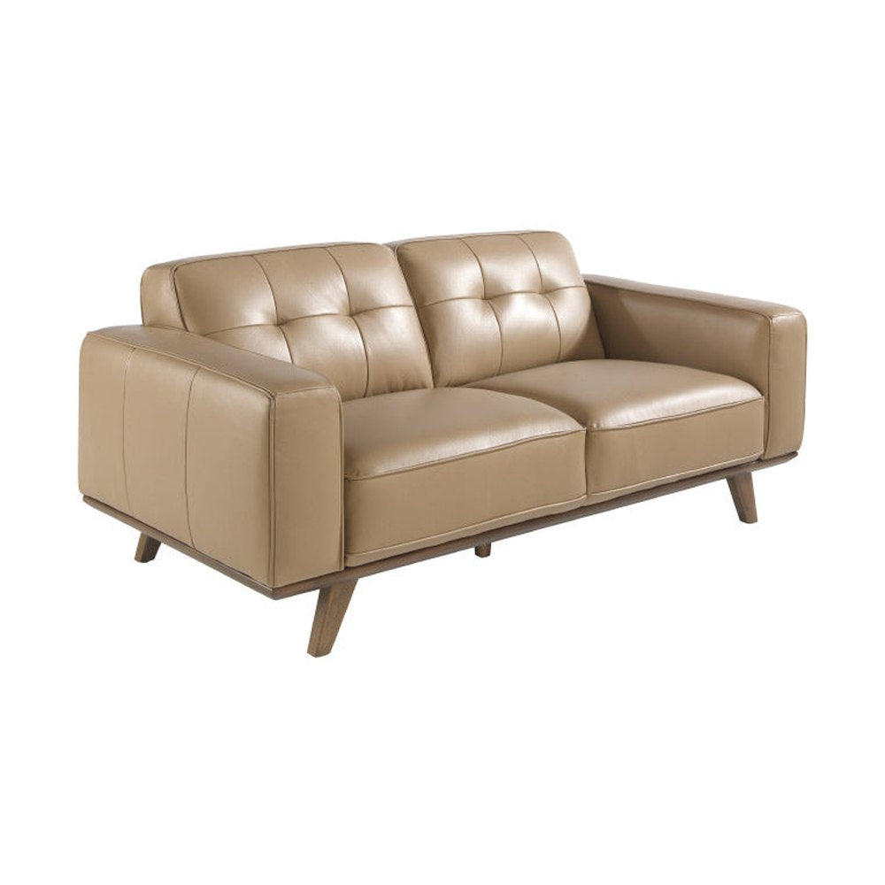 Kortárs, homokszínű bőrrel kárpitozott, fenyőfaszerkezetes, dizájn kanapé.