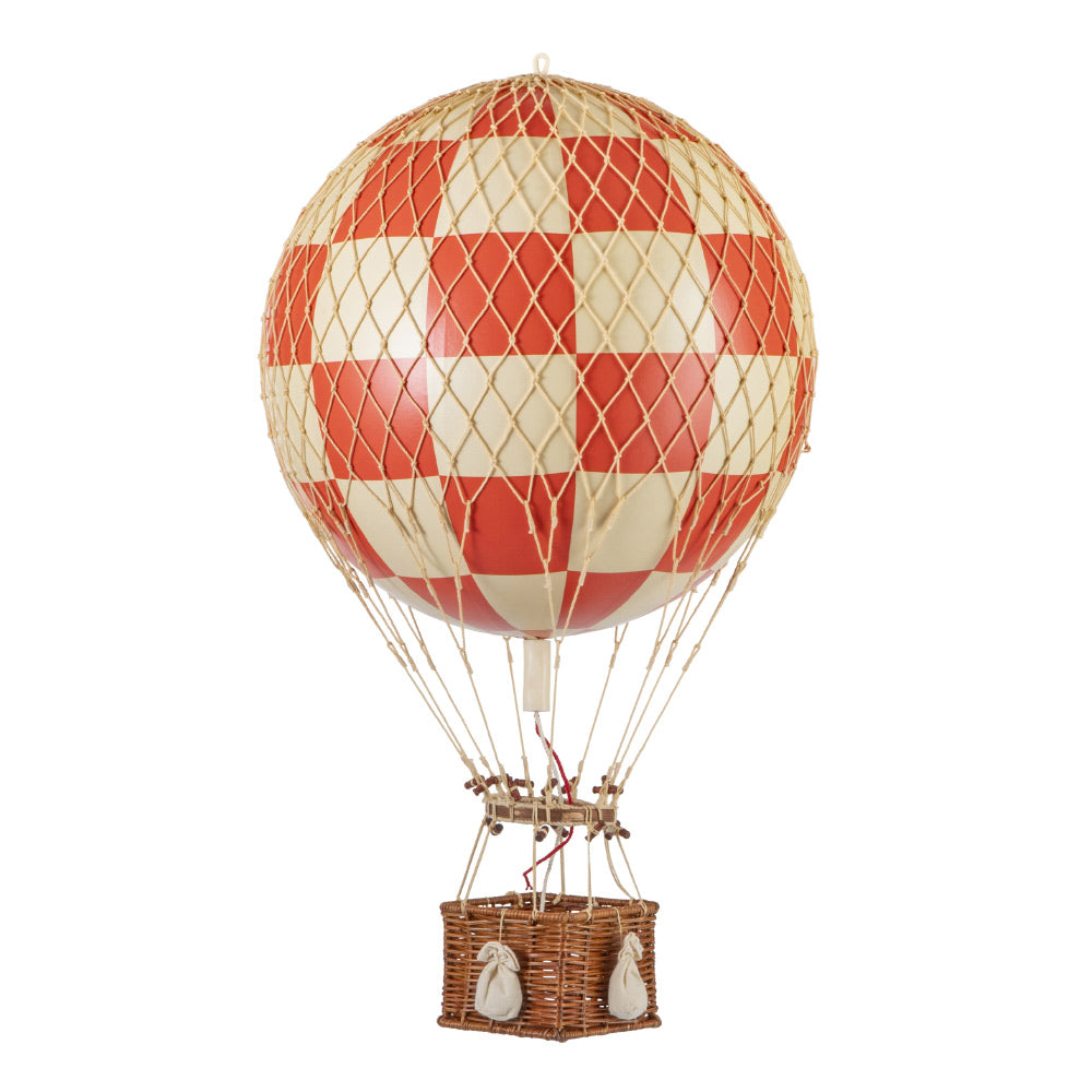 Vintage stílusú, nagy méretű, függeszthető, piros-bézs színű dekorációs hőlégballon díszdobozban