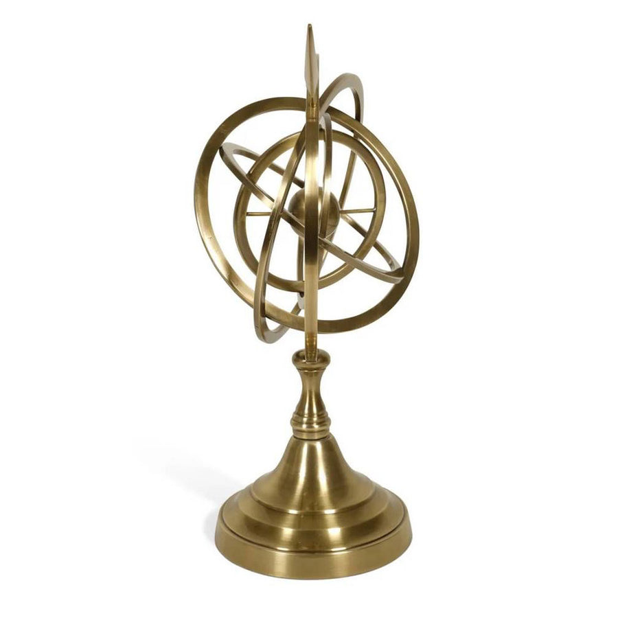 Brass armillary decorative globe with rotating rings mounted on a pedestal, shown in side view