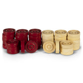 40 darabos, vintage stílusú, műgyantából készült, vörös és elefántcsontszínű dámajáték korong készlet díszdobozban.