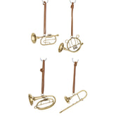 Arany fém minihangszer karácsonyfadísz szett – trombita, kürt, tuba, harsona, bőrszíjjal.
