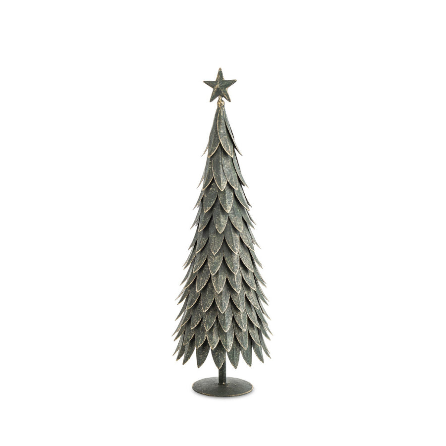 Fém dekor fenyőfa 52 cm – sötétzöld, antikolt hatású felület, csillag csúcsdísszel, 15,5 cm átmérő.