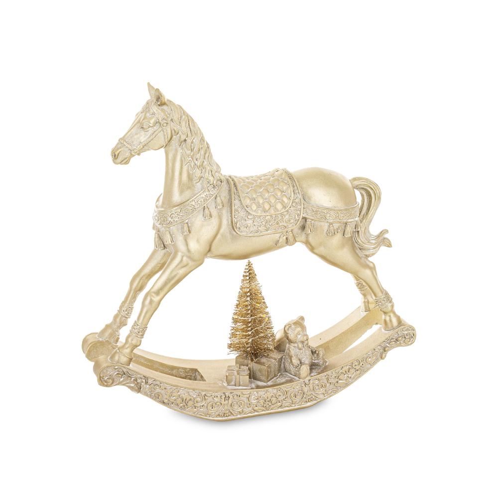 Aranyszínű, LED-es karácsonyi hintaló dekoráció a Shiny kollekcióból, díszes talppal és minifenyővel, fehér háttéren.