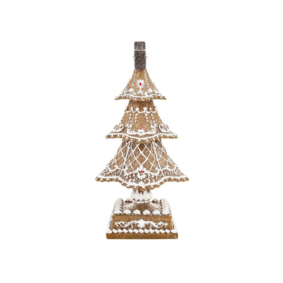 Gingerbread dekor fenyőkúp – oldalsó nézet, hóhatású talapzat