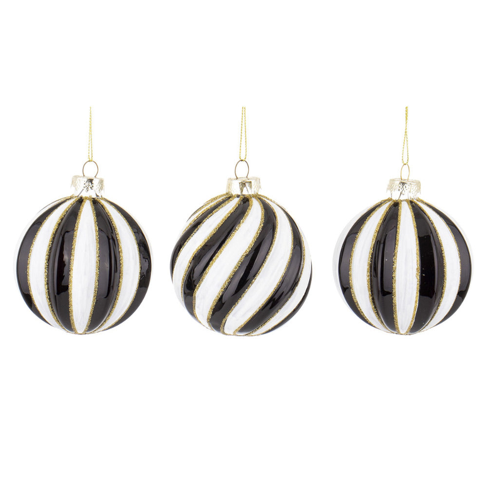 Fekete-fehér csíkos, arany glitteres üveg karácsonyfadísz szett – három darab, 8 cm, függesztve.