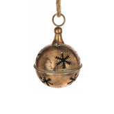 Antikolt rézszínű hópelyhes fém karácsonyi csengő – frontális nézet, 10 cm.