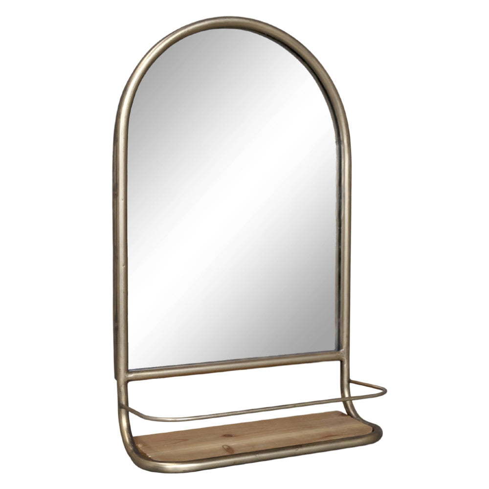 Vidéki stílusú, antikolt rézszínű, boltíves, dekorációs falitükör jegenyefenyő polccal.