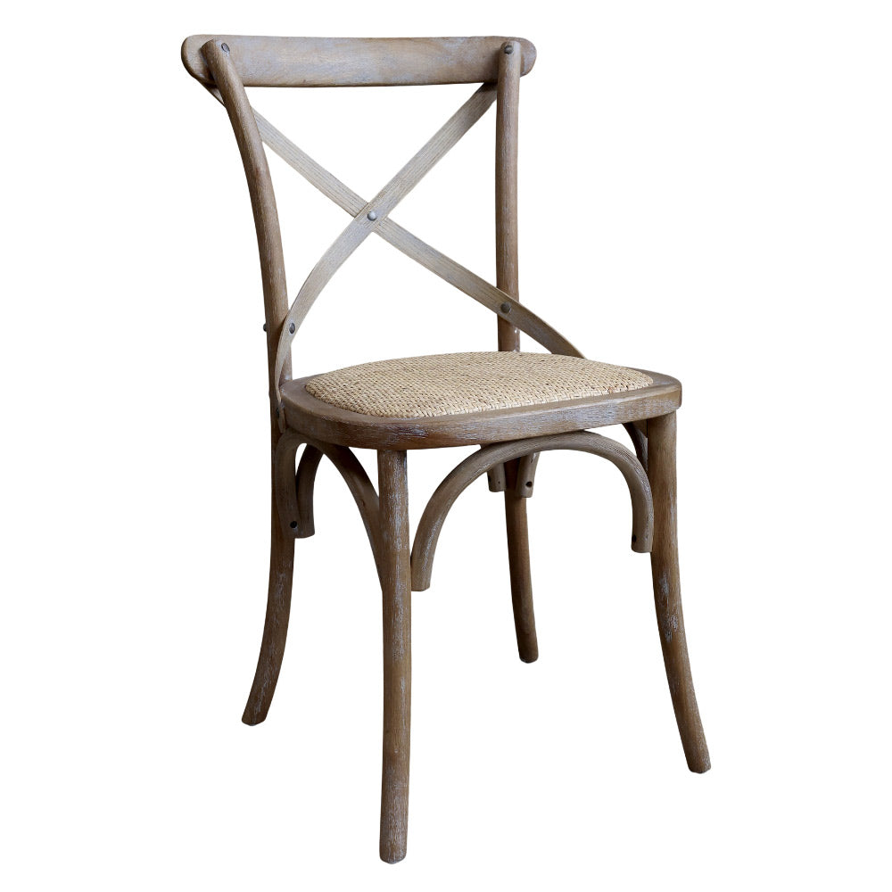 Vidéki stílusú, kaucsukfa étkezőszék, X-alakú háttámlával valamint rattan ülőfelülettel.
