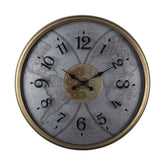 Arany színű fémabroncsos, vintage stílusú falióra, ezüst színű, világtérképes számlappal.