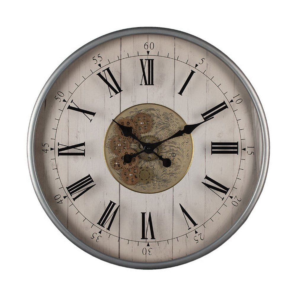 Vintage stílusú, antikolt fehér színű falióra láthathó mechanikus szerkezettel.