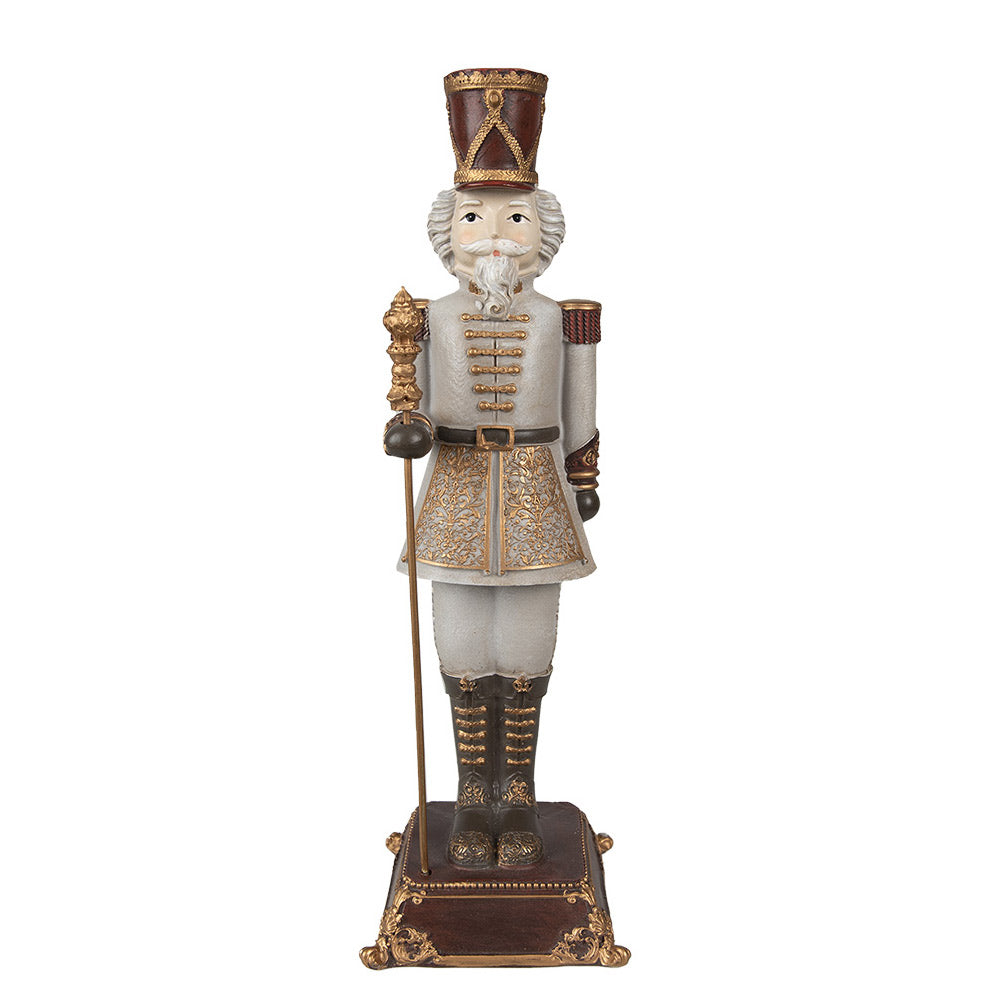 Klasszikus stílusú, 42 cm magas, karácsonyi diótörő figura díszes talapzaton