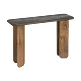 Kortárs stílusú, mangófából készült, natúr és sötétbarna színű konzolasztal.