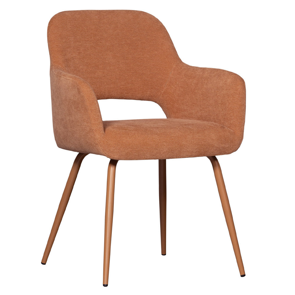 Kortárs stílusú, fémvázas étkezőszék, korallszínű szövettel kárpitozva Kortárs stílusú, fémvázas étkezőszék, korallszínű szövettel kárpitozva